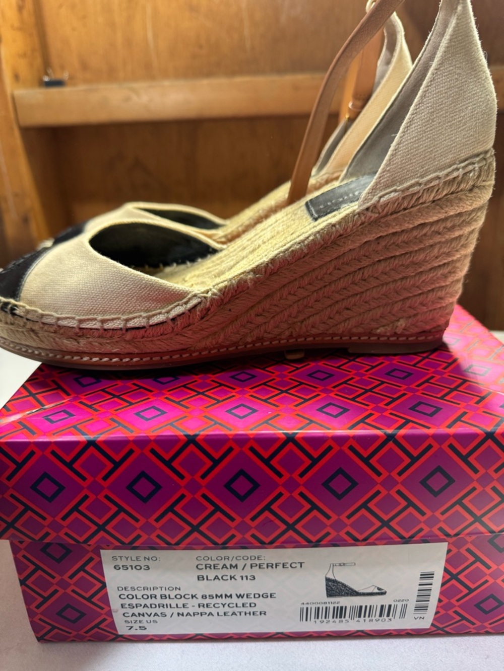 Canvas Espadrille Wedge Sandals with Black Cap Toe - Beige TORY BURCH - Picture 5 of 6